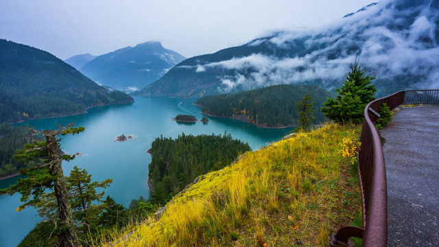 Scenic lake mountains trees foggy free wallpaper for desktop - medium preview image