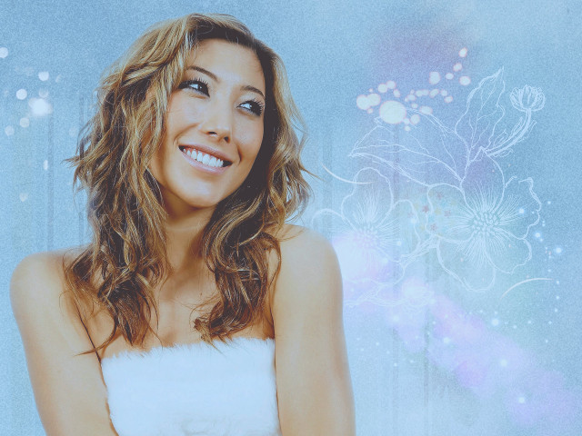 Woman white dress smiling blue free wallpaper for desktop - medium preview image