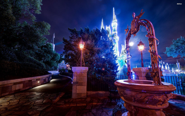 Fountain park night castle lights free wallpaper for desktop - medium preview image