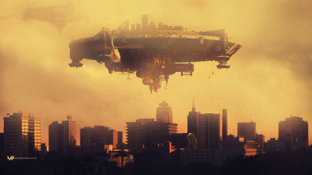 Flying object city yellow sky free wallpaper for desktop - medium preview image