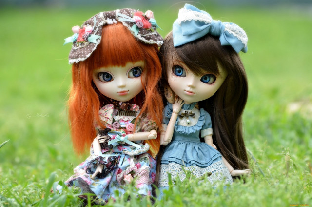 Two dolls sitting grass holding #2 free wallpaper for desktop - medium preview image