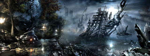 Futuristic city giant ship trees free wallpaper for desktop - medium preview image