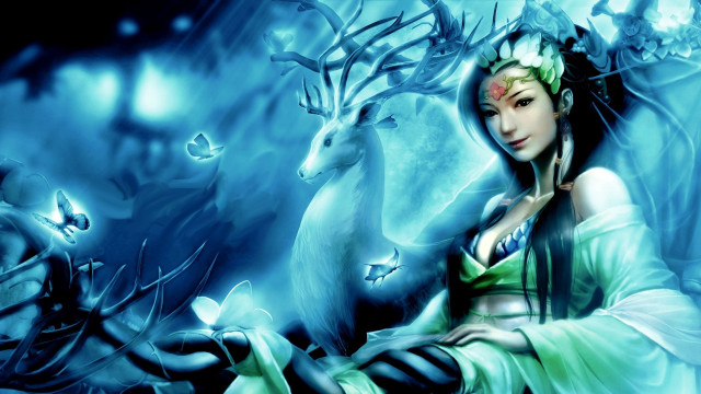 Woman green dress deer fantasy free wallpaper for desktop - medium preview image