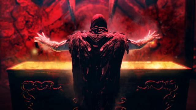 Demonic man arms outstretched red free wallpaper for desktop - medium preview image