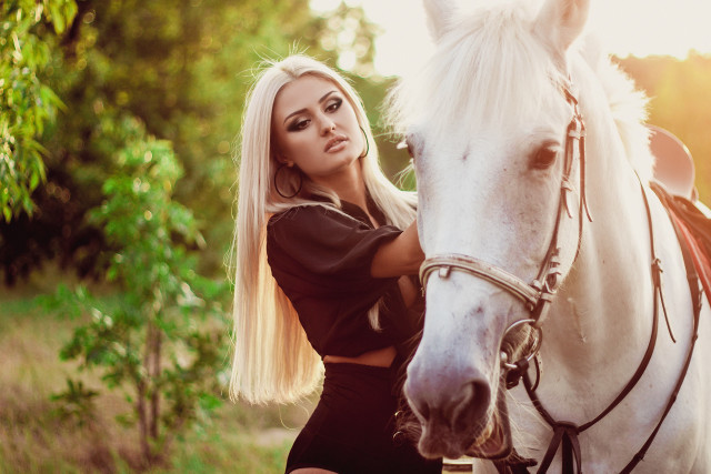 Woman white horse field grass free wallpaper for desktop - medium preview image