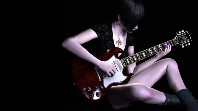 Woman guitar sitting dark legs free wallpaper for desktop - medium preview image