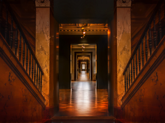 Long hallway wooden railing clock free wallpaper for desktop - medium preview image