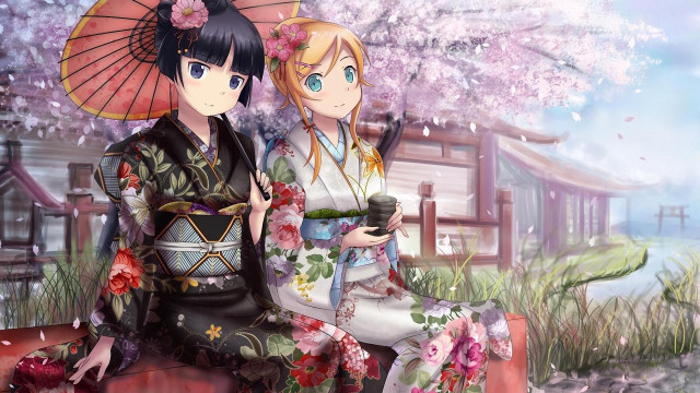 Two women bench tree flowers free wallpaper for desktop - medium preview image