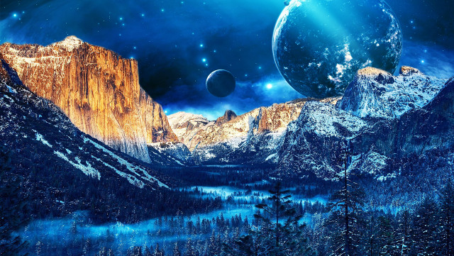 Mountain scene planets sky stars free wallpaper for desktop - medium preview image