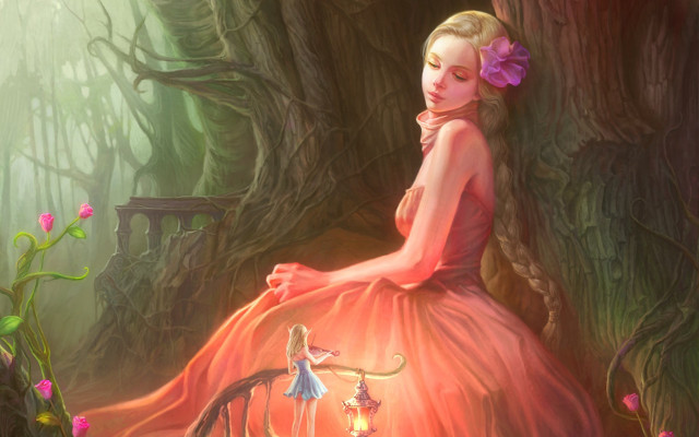 Woman red dress bench forest #2 free wallpaper for desktop - medium preview image