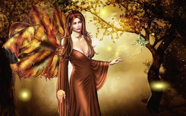 Woman brown dress holding butterfly free wallpaper for desktop - medium preview image