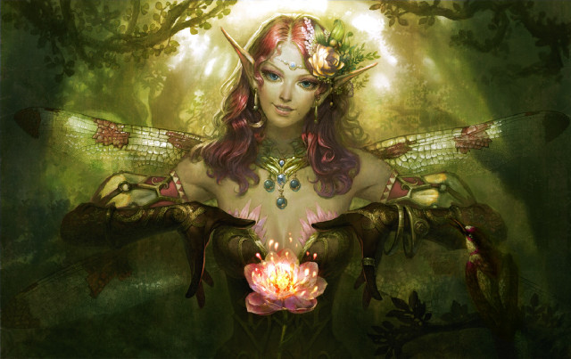 Woman dragon flower forest fantasy free wallpaper for desktop - medium preview image
