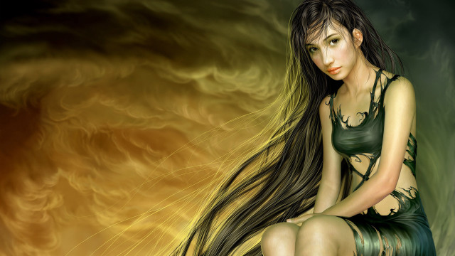 Woman long hair sitting rock free wallpaper for desktop - medium preview image
