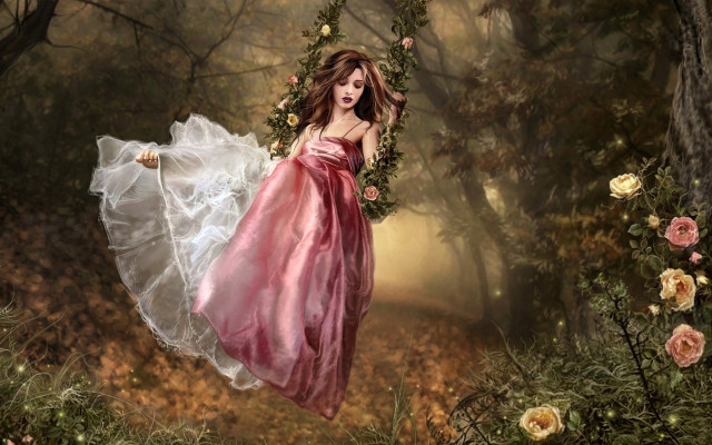 Woman pink dress swing forest free wallpaper for desktop - medium preview image