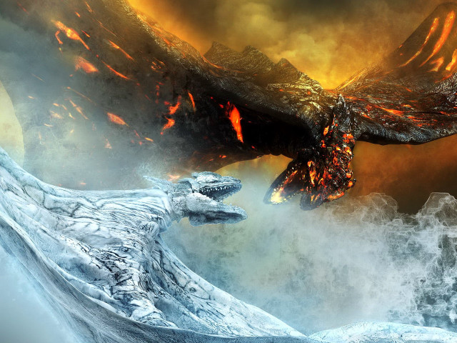 Dragon battle mountain lava fire free wallpaper for desktop - medium preview image