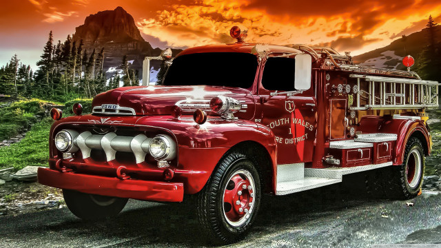 Fire truck mountain sunset dusk free wallpaper for desktop - medium preview image
