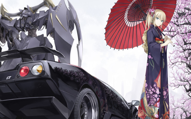 Woman car umbrella dragon standing free wallpaper for desktop - medium preview image