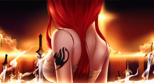 Woman red hair tattoos fire free wallpaper for desktop - medium preview image