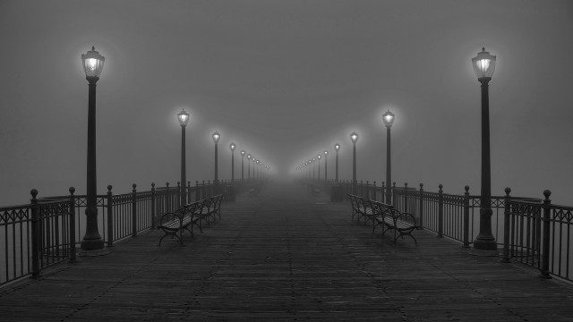 Foggy night pier bench streetlamp free wallpaper for desktop - medium preview image