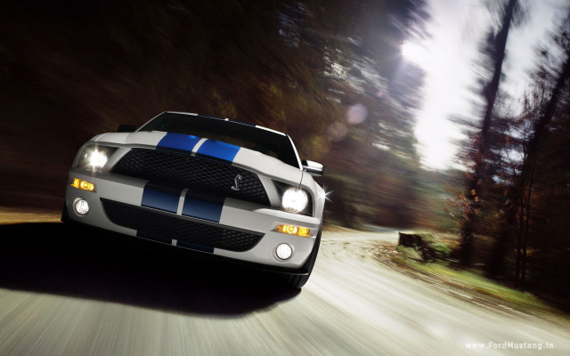 White blue mustang driving road free wallpaper for desktop - medium preview image