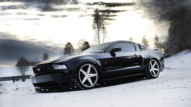 Black mustang snowy road cloudy free wallpaper for desktop - medium preview image