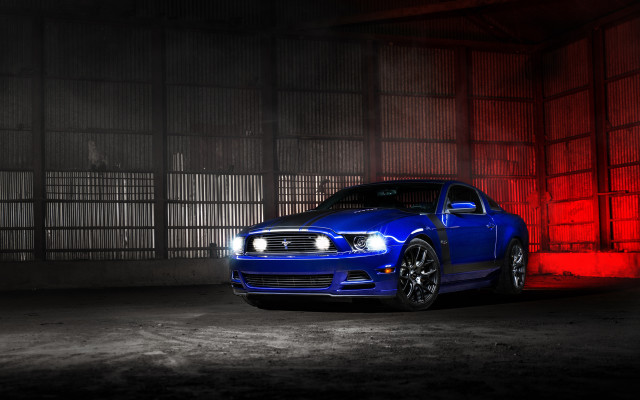 Blue mustang car dark garage free wallpaper for desktop - medium preview image