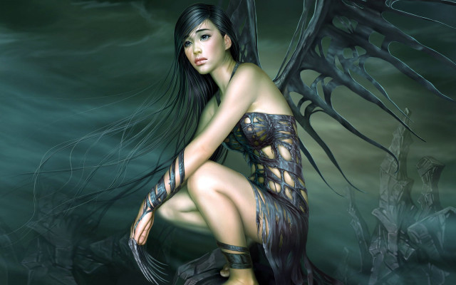 Woman dragon body wings kneeling #2 free wallpaper for desktop - medium preview image