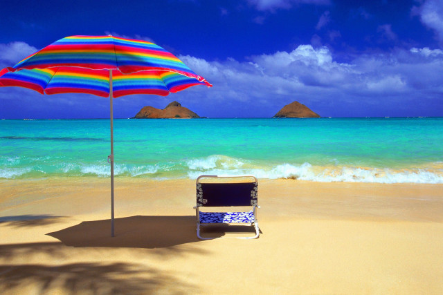 Beach chair umbrella ocean mountains free wallpaper for desktop - medium preview image