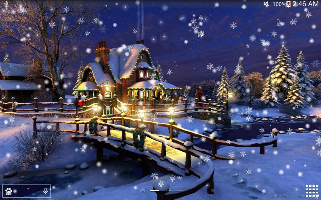 Snowy night house bridge snowflakes free wallpaper for desktop - medium preview image