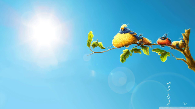 Two birds branch leaves blue free wallpaper for desktop - medium preview image