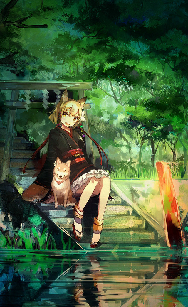 Woman bench dog forest cat free wallpaper for mobile - medium preview image