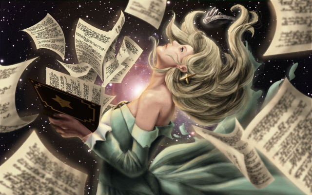 Woman reading book flying pages free wallpaper for desktop - medium preview image