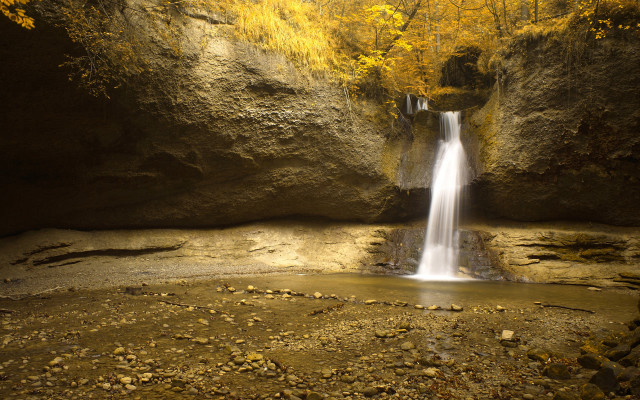 Waterfall cave pool yellow tree free wallpaper for desktop - medium preview image