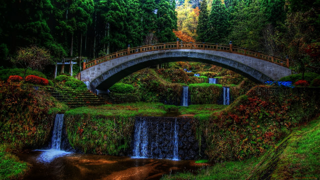 Bridge waterfall forest nature scenery free wallpaper for desktop - medium preview image