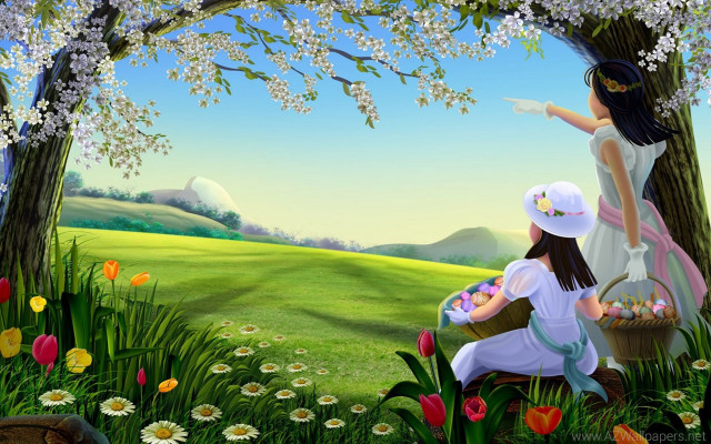 Girls picking flowers basket field #3 free wallpaper for desktop - medium preview image