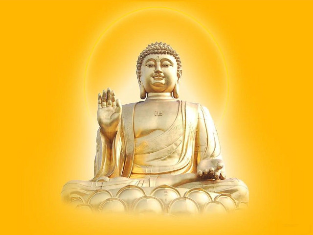 Buddha statue yellow background halo free wallpaper for desktop - medium preview image