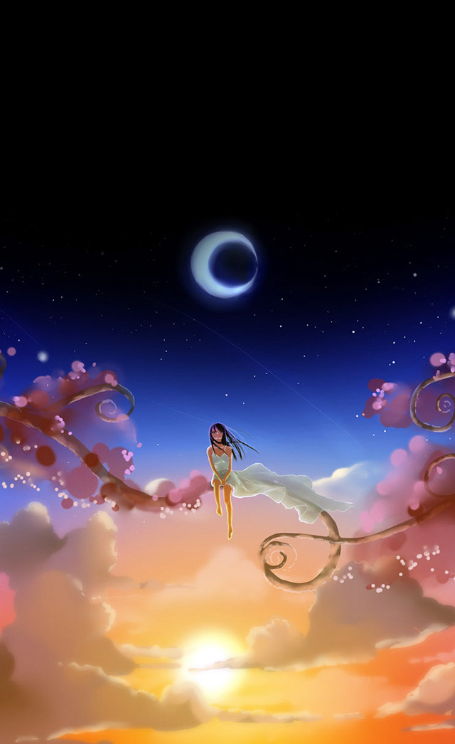 Woman flying clouds crescent sky free wallpaper for mobile - medium preview image
