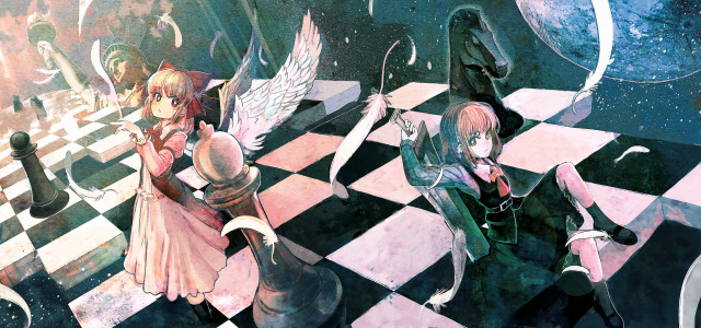 Anime couple checkered floor chess free wallpaper for desktop - medium preview image