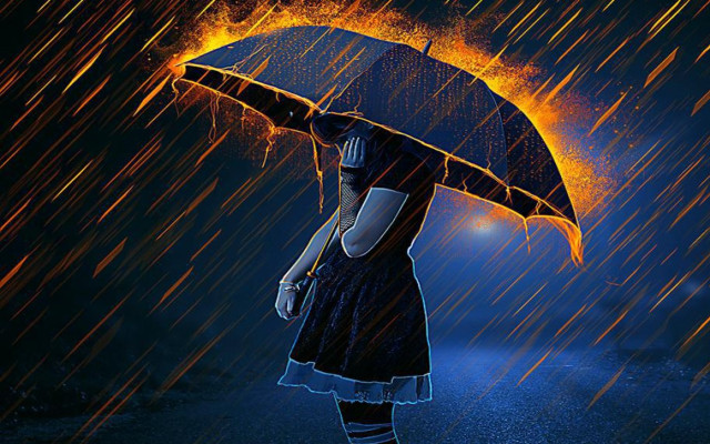 Woman umbrella rain night yellow free wallpaper for desktop - medium preview image