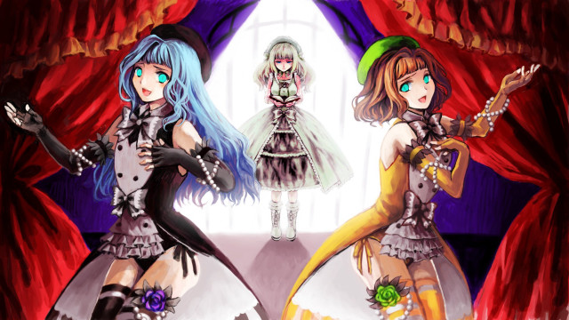 Anime girls red curtain green free wallpaper for desktop - medium preview image