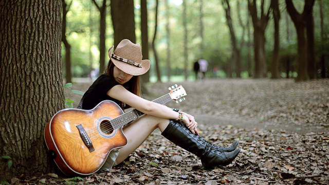 Woman sitting guitar cowboy hat #3 free wallpaper for desktop - medium preview image
