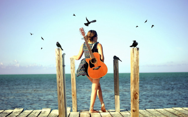 Woman dock guitar birds flying free wallpaper for desktop - medium preview image