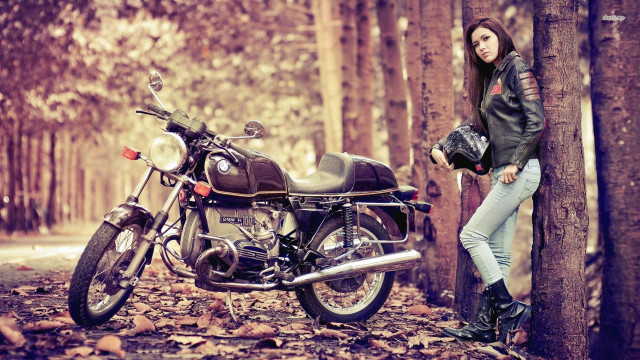 Woman leaning tree motorcycle woods free wallpaper for desktop - medium preview image