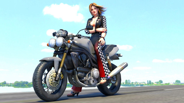 Woman motorcycle road checkered scarf free wallpaper for desktop - medium preview image
