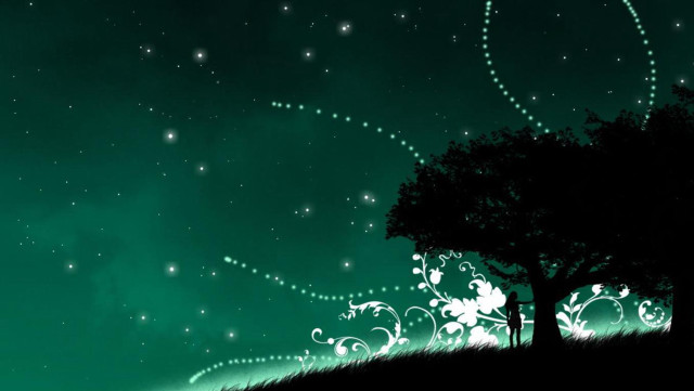 Tree swirls stars sky green free wallpaper for desktop - medium preview image
