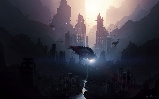 Futuristic city river bird nighttime free wallpaper for desktop - medium preview image