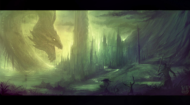 Dragon forest river trees painting free wallpaper for desktop - medium preview image