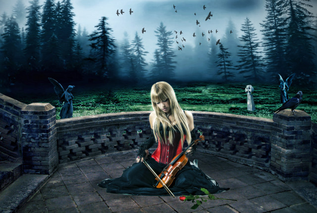 Woman sitting wall violin forest free wallpaper for desktop - medium preview image