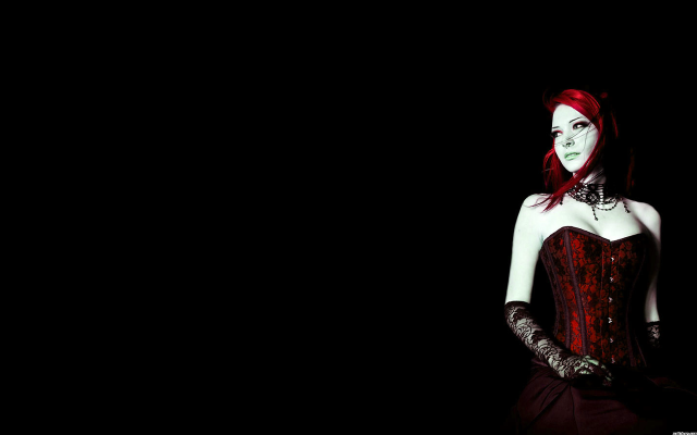 Woman red hair corset gloves free wallpaper for desktop - medium preview image