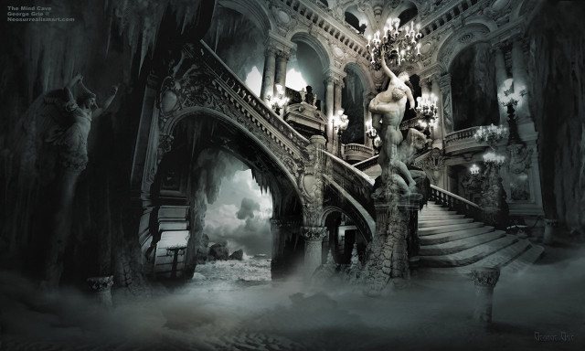 Staircase dark room statue chandelier free wallpaper for desktop - medium preview image